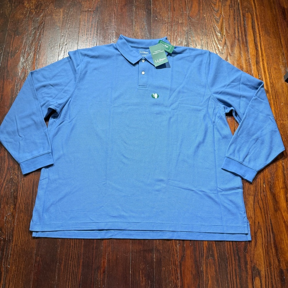 LL Bean Premium Double L Polo Shirt Mens 3XL Blue Solid Long Sleeve 300459 NWT